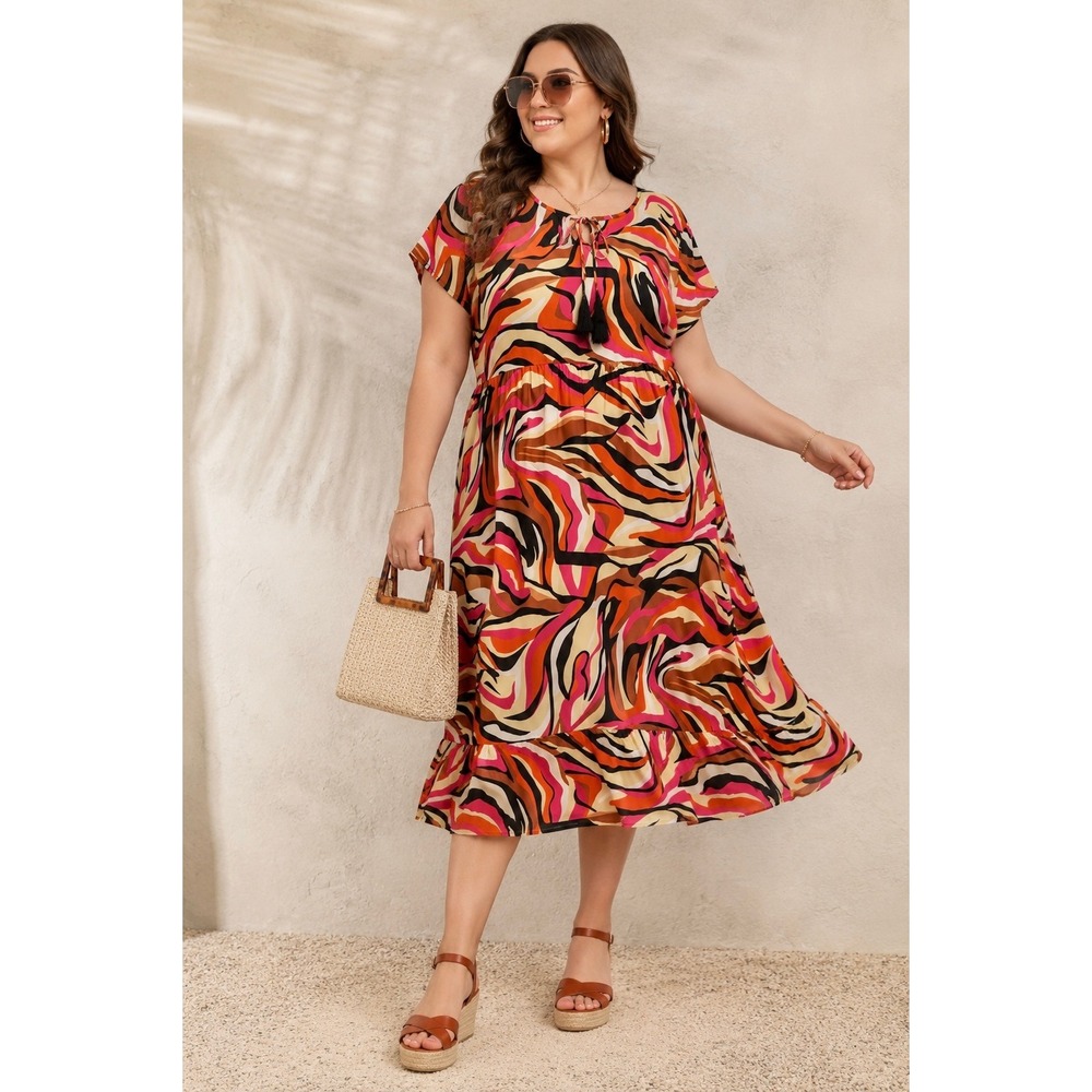 Plus Size Boho Tiered Midi Dress 3X Lightweight Colorful Vacation Festival
